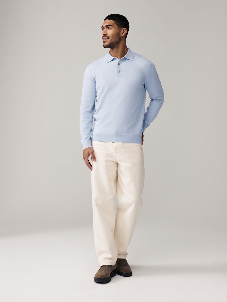Light Blue/Sage Green - Knitted Long Sleeve Polo Shirts 2 Pack - Image 3 of 10