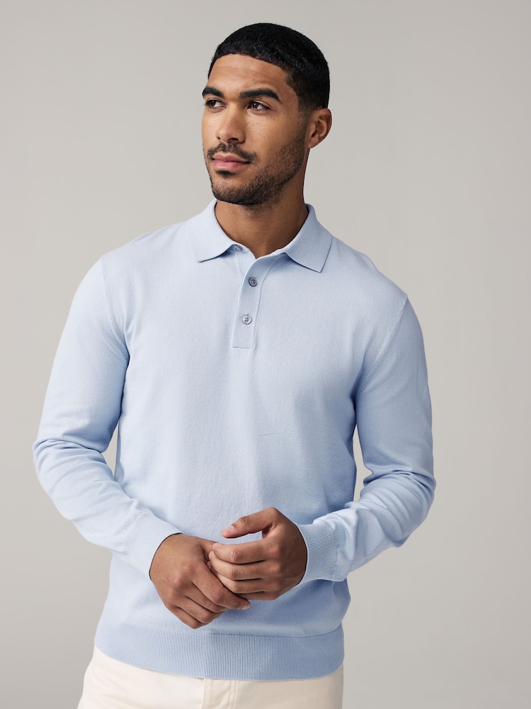 Light Blue/Sage Green - Knitted Long Sleeve Polo Shirts 2 Pack - Image 4 of 10