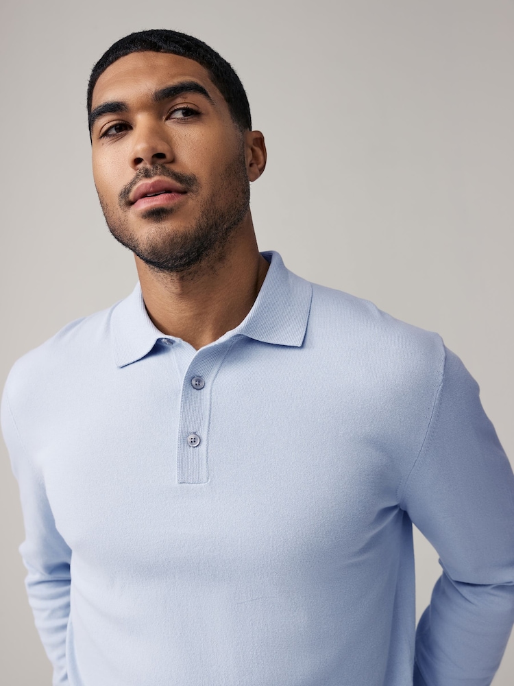 Light Blue/Sage Green - Knitted Long Sleeve Polo Shirts 2 Pack - Image 5 of 10