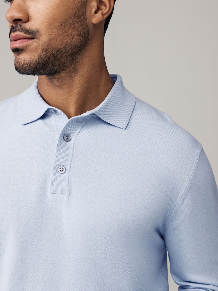 Light Blue/Sage Green - Knitted Long Sleeve Polo Shirts 2 Pack - Image 6 of 10