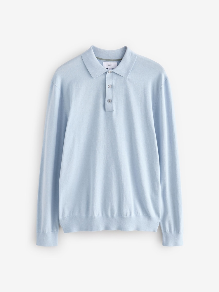 Light Blue/Sage Green - Knitted Long Sleeve Polo Shirts 2 Pack - Image 7 of 10