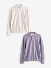 Neutral/Light Purple Regular Fit Knitted Long Sleeve Polo Shirts 2 Pack - Image 1 of 11