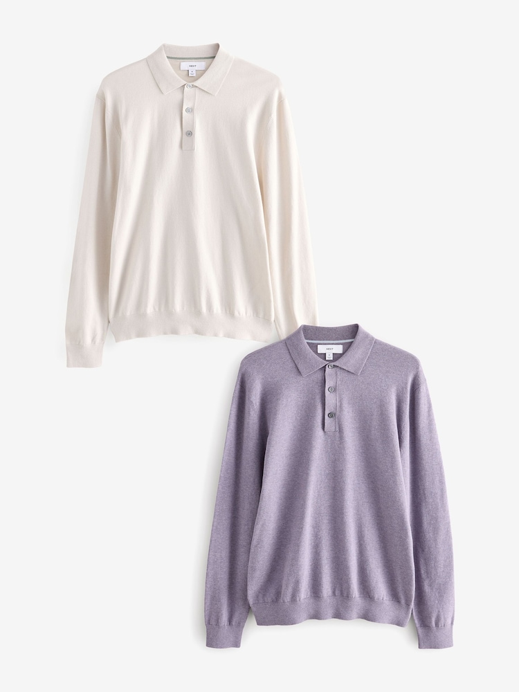 Neutral/Light Purple Regular Fit Knitted Long Sleeve Polo Shirts 2 Pack - Image 1 of 11