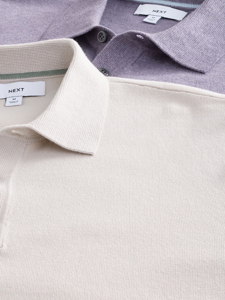 Neutral/Light Purple Regular Fit Knitted Long Sleeve Polo Shirts 2 Pack - Image 11 of 11