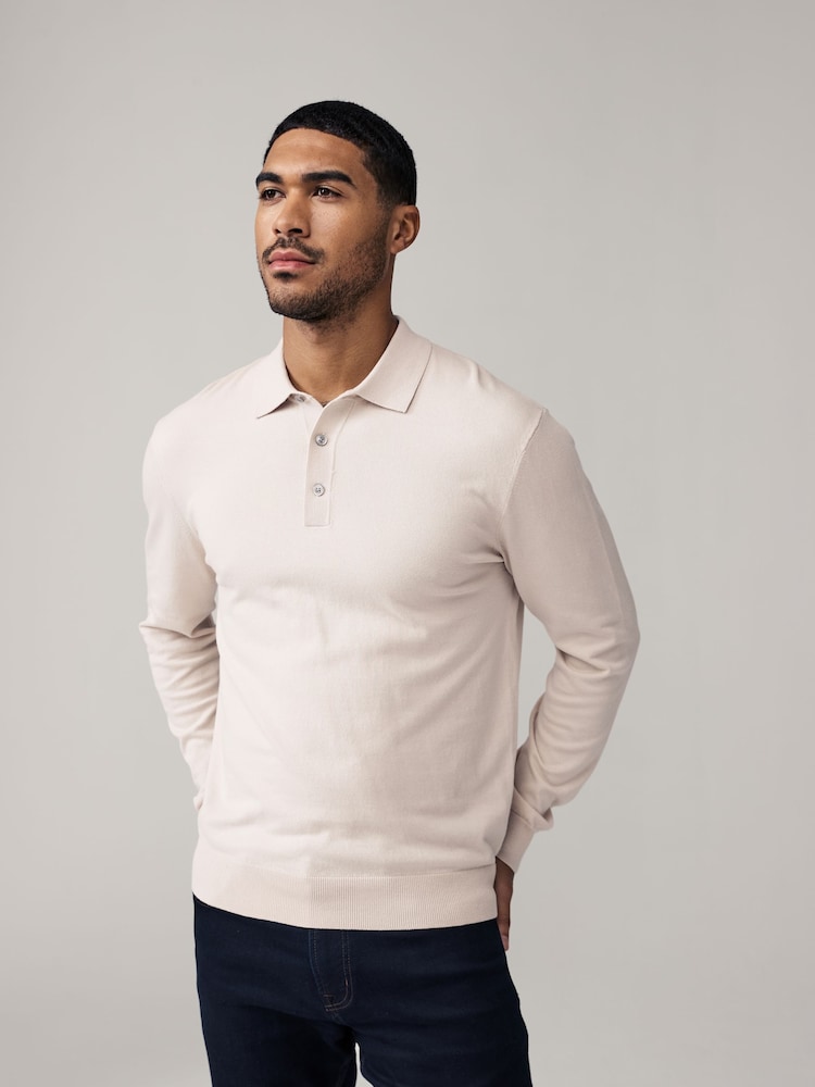 Neutral/Light Purple Regular Fit Knitted Long Sleeve Polo Shirts 2 Pack - Image 3 of 11