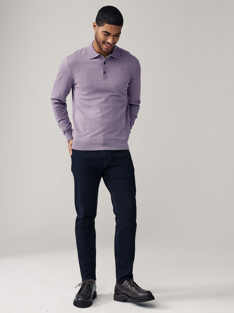 Neutral/Light Purple Regular Fit Knitted Long Sleeve Polo Shirts 2 Pack - Image 4 of 11