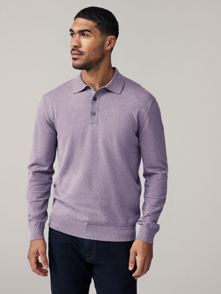 Neutral/Light Purple Regular Fit Knitted Long Sleeve Polo Shirts 2 Pack - Image 5 of 11