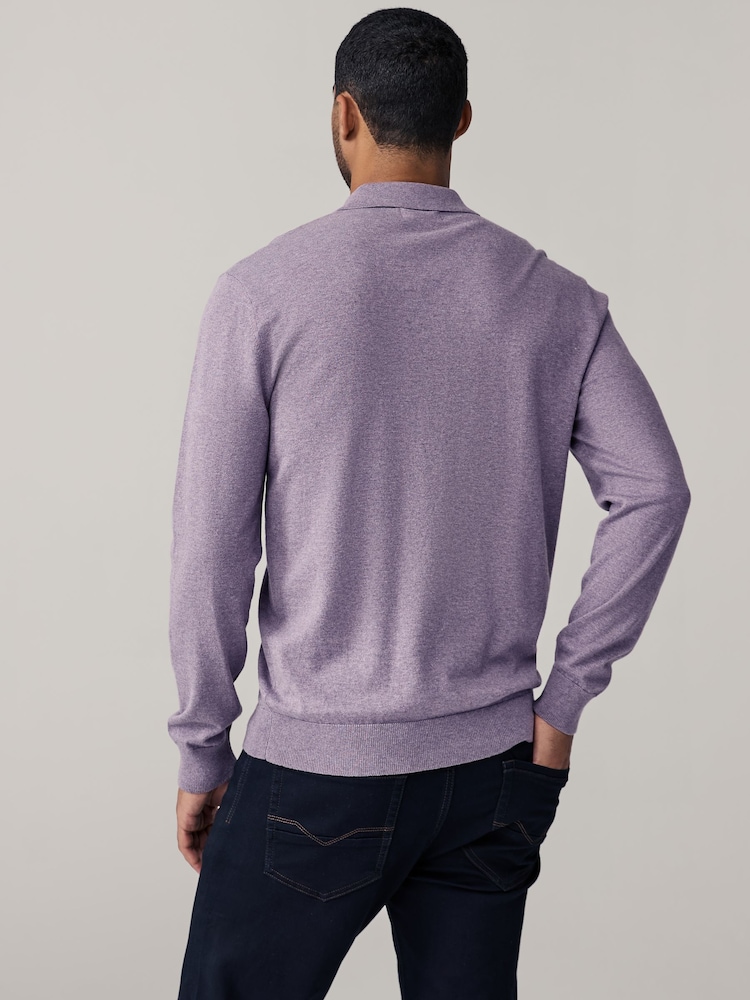 Neutral/Light Purple Regular Fit Knitted Long Sleeve Polo Shirts 2 Pack - Image 6 of 11