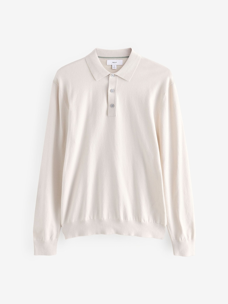 Neutral/Light Purple Regular Fit Knitted Long Sleeve Polo Shirts 2 Pack - Image 9 of 11