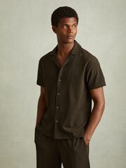 Reiss Dark Olive Green Hunt Textured Crepe Cuban Collar Shirt - Image 1 of 6
