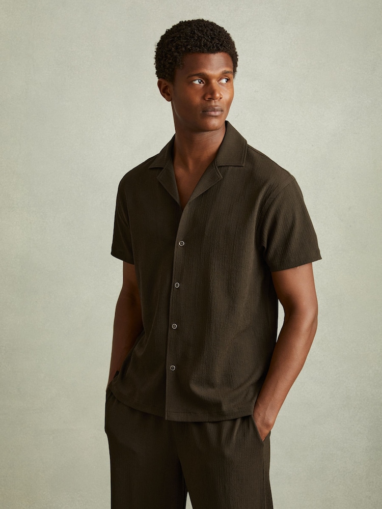 Reiss Dark Olive Green Hunt Textured Crepe Cuban Collar Shirt - Image 1 of 6