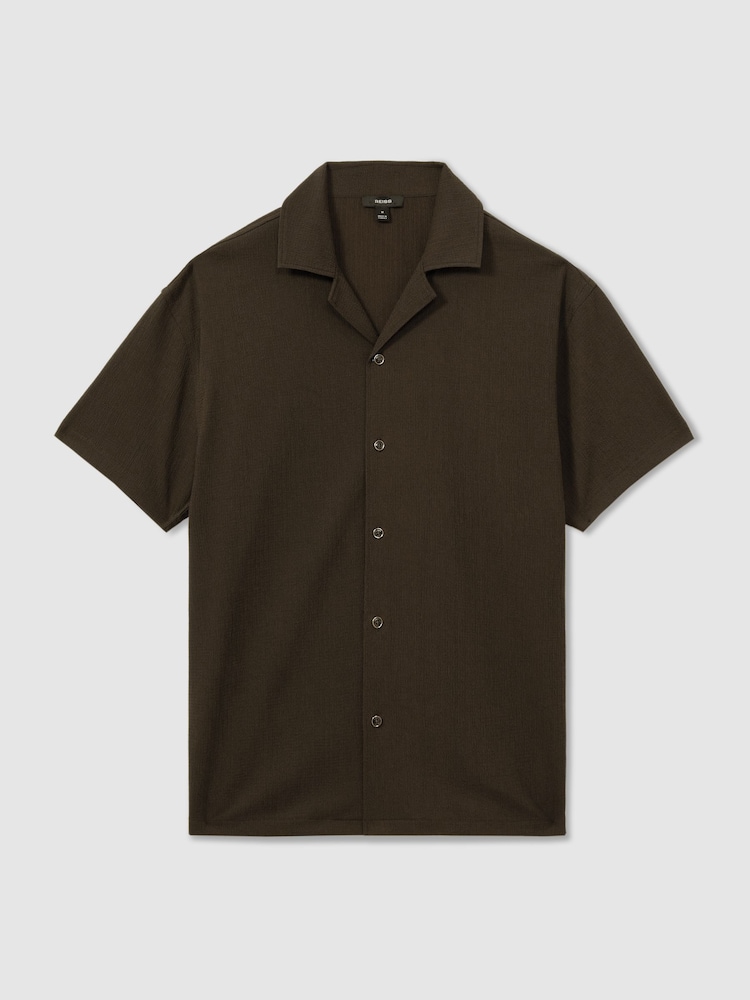 Reiss Dark Olive Green Hunt Textured Crepe Cuban Collar Shirt - Image 2 of 6