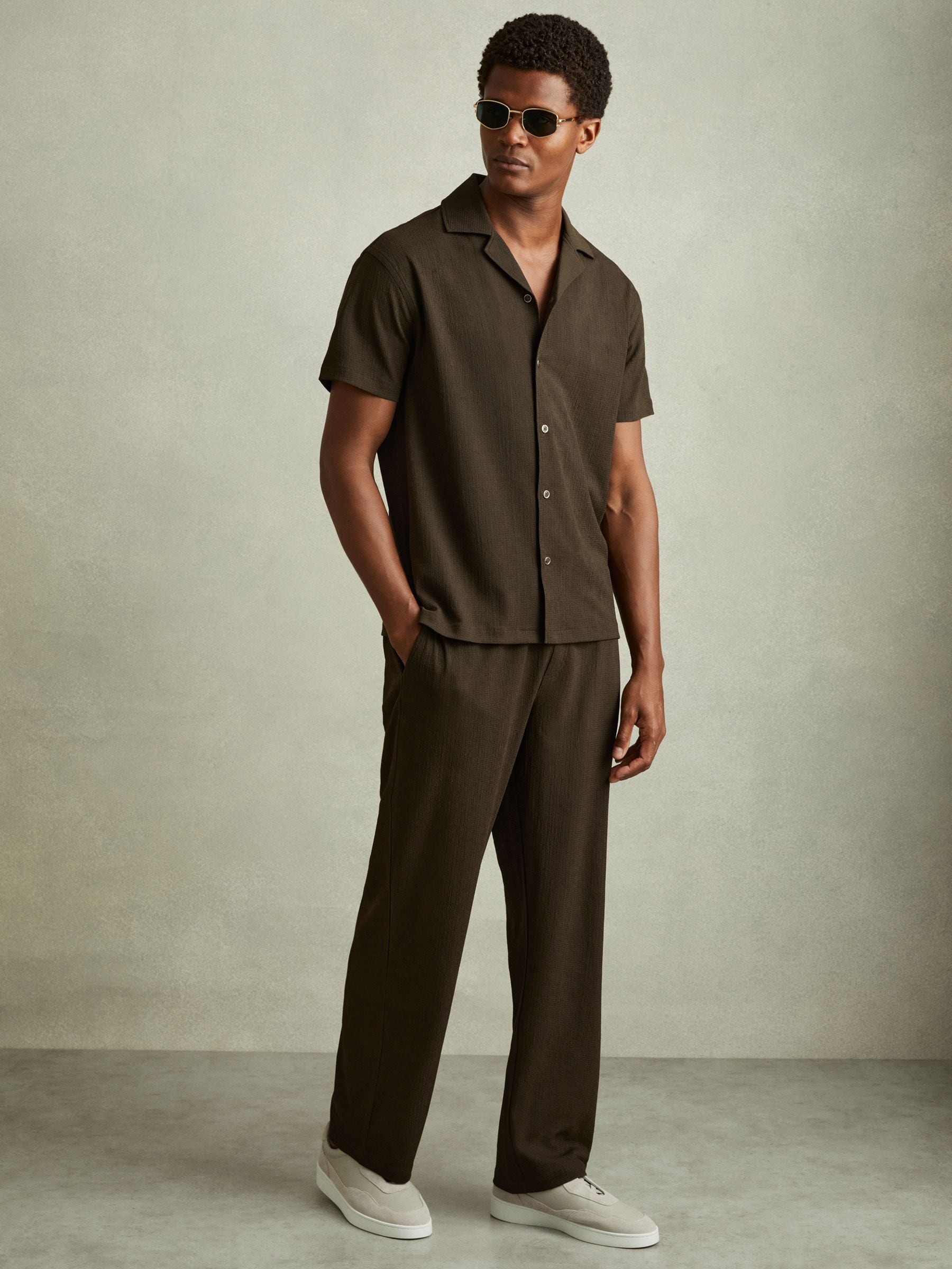 Buy Reiss Dark Olive Green Hunt Textured Crepe Cuban Collar Shirt