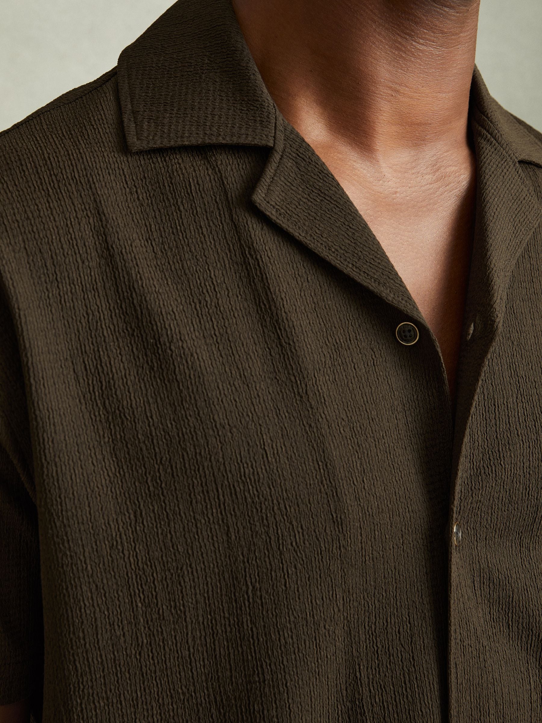 Buy Reiss Dark Olive Green Hunt Textured Crepe Cuban Collar Shirt