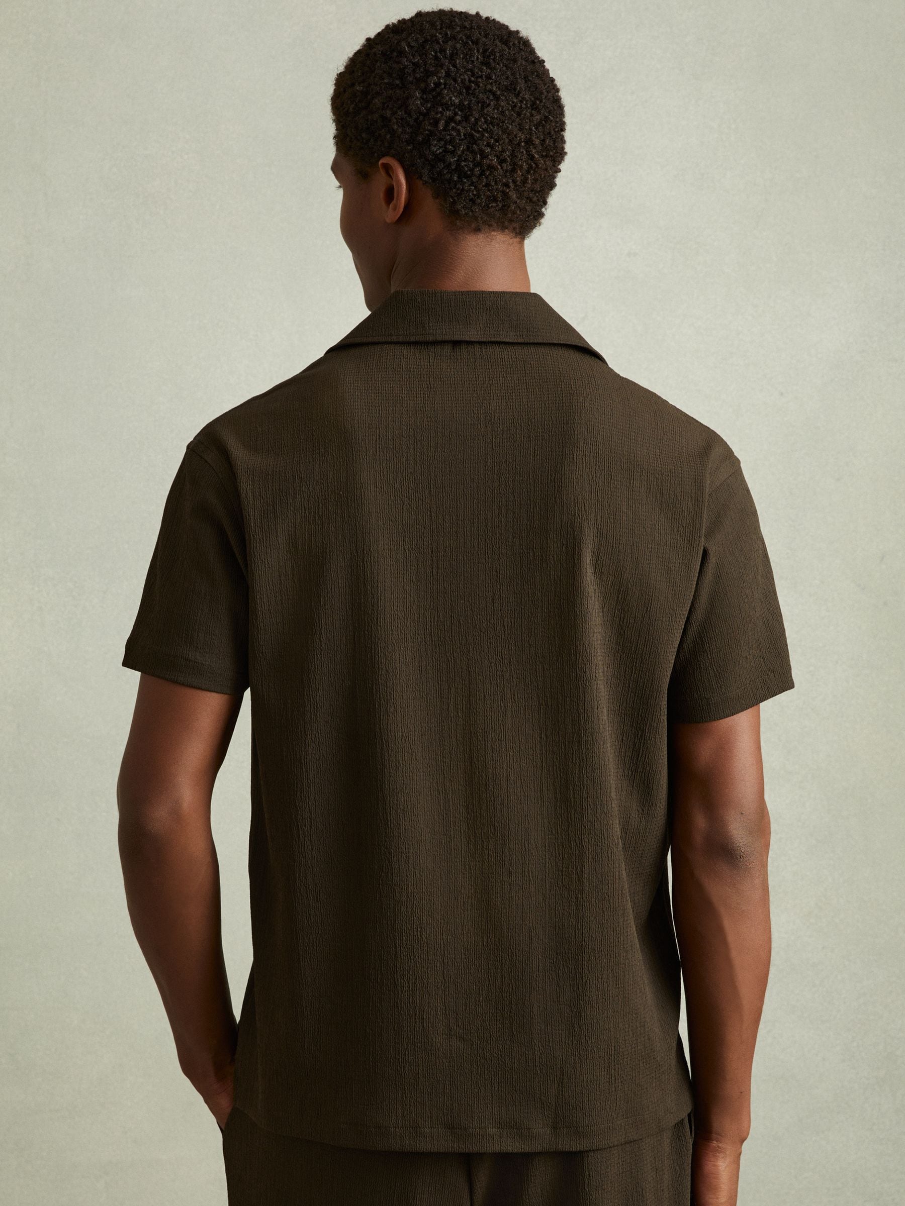 Buy Reiss Dark Olive Green Hunt Textured Crepe Cuban Collar Shirt