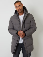 Threadbare Grey Showerproof Hooded Longline Puffer Jacket - Image 1 of 4