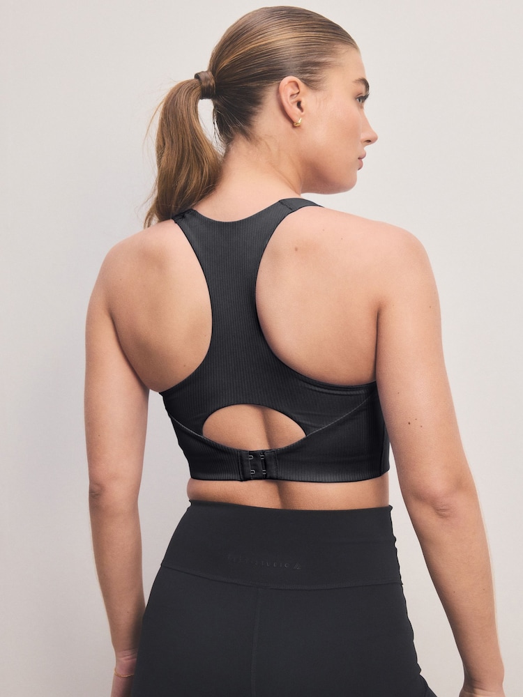 Black Active Sports Low Impact Dry Tech Ribbed Crop Bra - Image 2 of 9