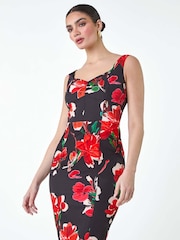 Roman Red Floral Corset Detail Stretch Dress - Image 1 of 5