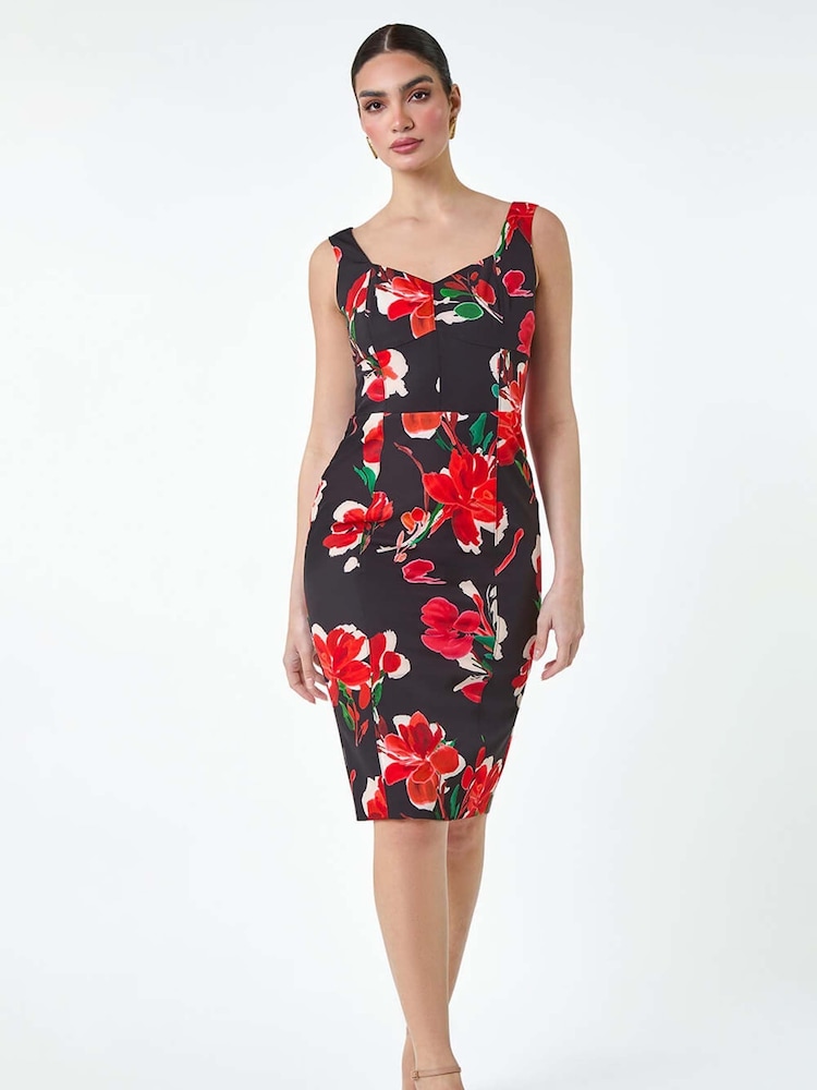 Roman Red Floral Corset Detail Stretch Dress - Image 2 of 5