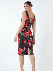 Roman Red Floral Corset Detail Stretch Dress - Image 3 of 5