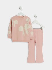 River Island Pink Girls Boucle Bows 100% Cotton Jumper and Leggings Set - Image 1 of 2