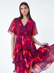 Roman Purple Abstract Print Tiered Midi Dress - Image 1 of 5
