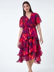Roman Purple Abstract Print Tiered Midi Dress - Image 2 of 5