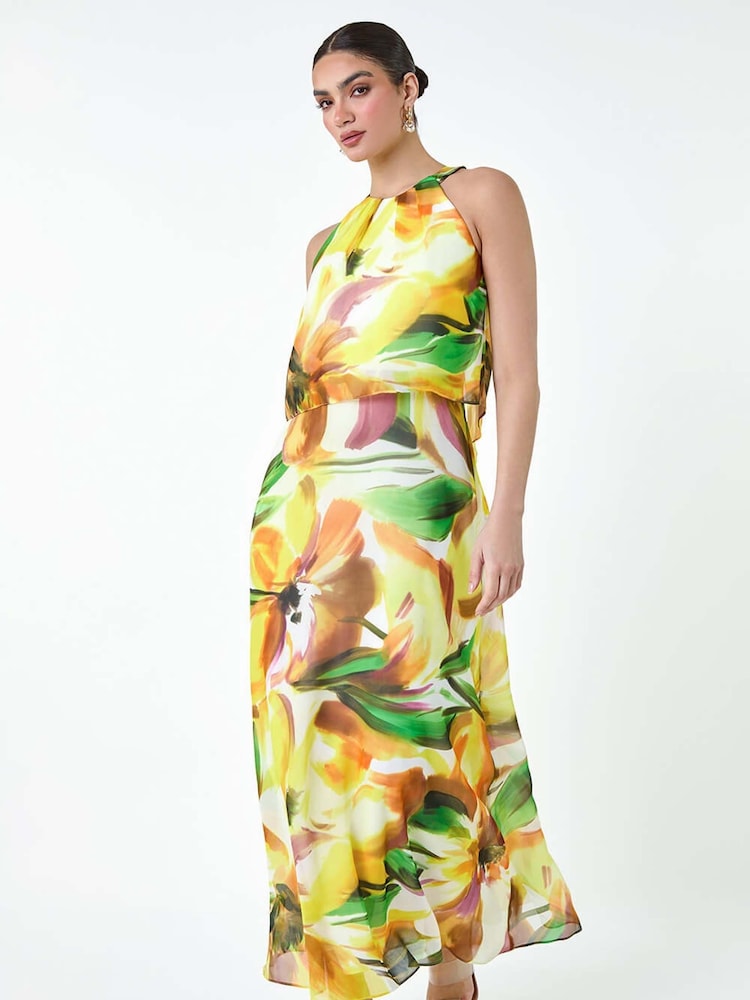 Roman Yellow Abstract Print Chiffon Overlay Maxi Dress - Image 1 of 5