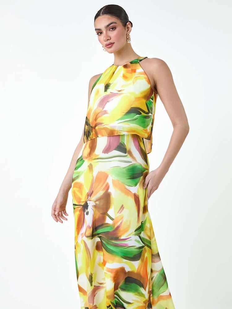 Roman Yellow Abstract Print Chiffon Overlay Maxi Dress - Image 2 of 5