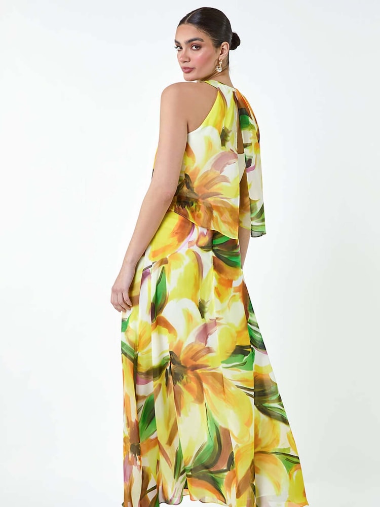Roman Yellow Abstract Print Chiffon Overlay Maxi Dress - Image 3 of 5