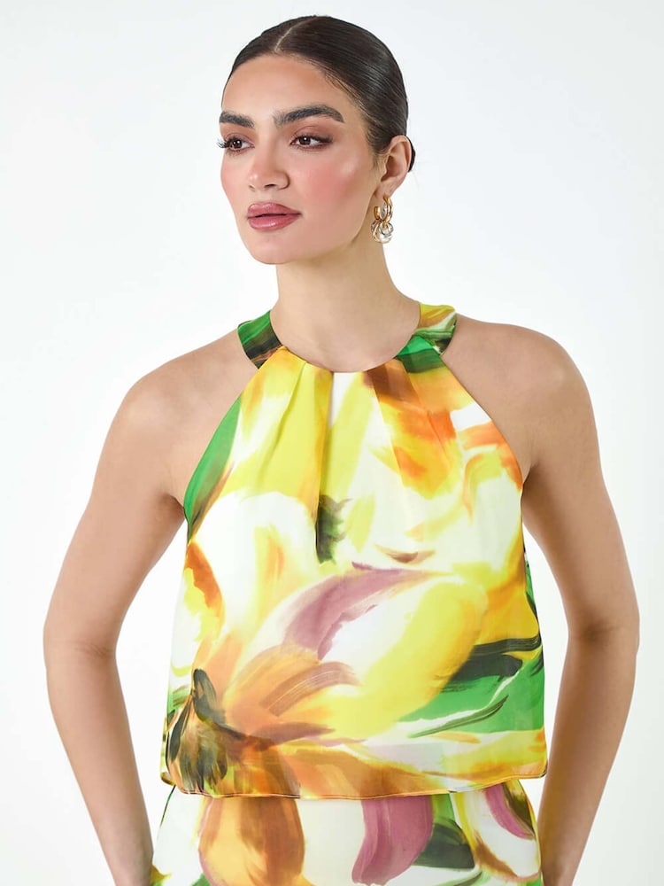 Roman Yellow Abstract Print Chiffon Overlay Maxi Dress - Image 4 of 5