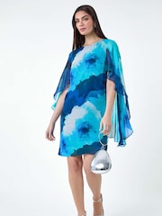 Roman Blue Floral Print Chiffon Cape Dress - Image 1 of 5