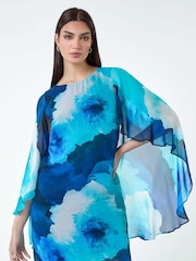 Roman Blue Floral Print Chiffon Cape Dress - Image 2 of 5