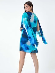 Roman Blue Floral Print Chiffon Cape Dress - Image 3 of 5