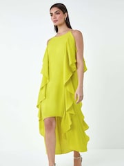Roman Green Plain Dipped Hem Ruffle Detail Midi Dress - Image 1 of 5