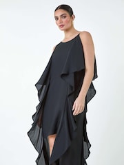 Roman Black Plain Dipped Hem Ruffle Detail Midi Dress - Image 1 of 5