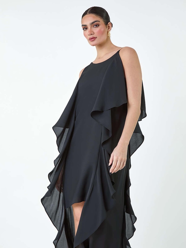 Roman Black Plain Dipped Hem Ruffle Detail Midi Dress - Image 1 of 5
