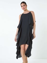 Roman Black Plain Dipped Hem Ruffle Detail Midi Dress - Image 2 of 5