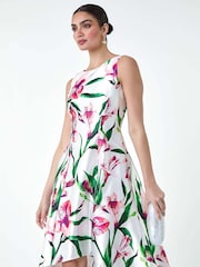 Roman Pink Floral Satin Feel Dipped Hem Midi Dress - Image 1 of 5