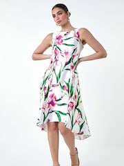 Roman Pink Floral Satin Feel Dipped Hem Midi Dress - Image 2 of 5