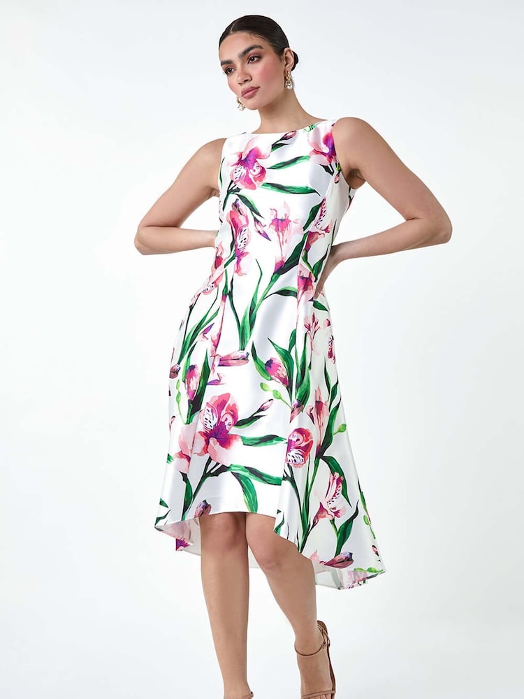 Roman Pink Floral Satin Feel Dipped Hem Midi Dress - Image 2 of 5
