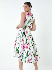 Roman Pink Floral Satin Feel Dipped Hem Midi Dress - Image 3 of 5
