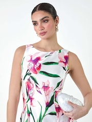 Roman Pink Floral Satin Feel Dipped Hem Midi Dress - Image 4 of 5