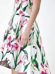 Roman Pink Floral Satin Feel Dipped Hem Midi Dress - Image 5 of 5