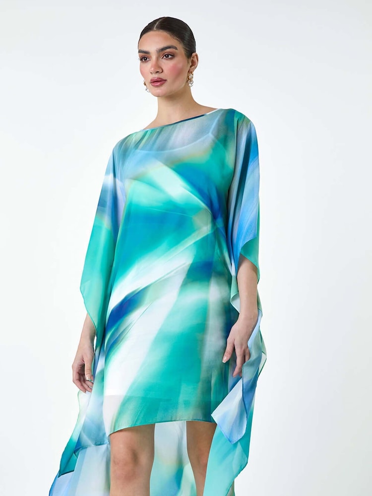 Roman Green Abstract Print Chiffon Draped Tunic Dress - Image 1 of 5