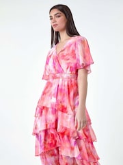 Roman Pink Abstract Print Tiered Midi Dress - Image 1 of 5