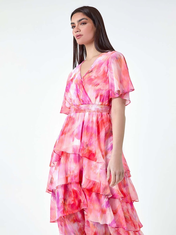 Roman Pink Abstract Print Tiered Midi Dress - Image 1 of 5