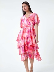 Roman Pink Abstract Print Tiered Midi Dress - Image 2 of 5