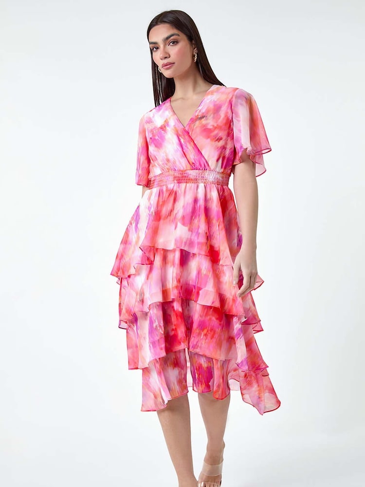Roman Pink Abstract Print Tiered Midi Dress - Image 2 of 5