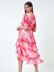 Roman Pink Abstract Print Tiered Midi Dress - Image 3 of 5